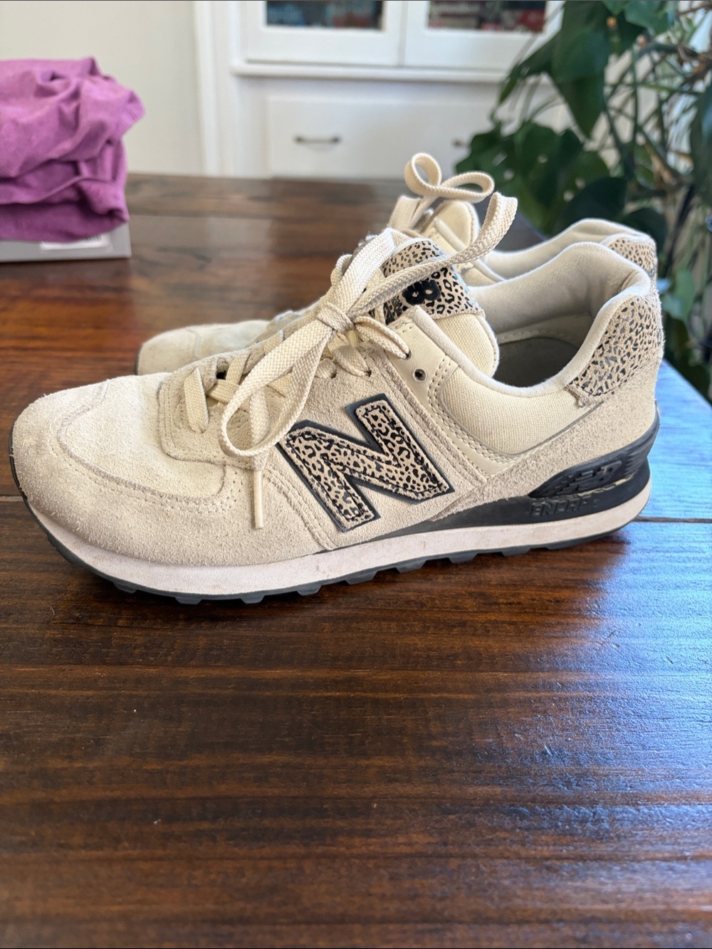 New Balance Women's Beige Suede Lace-Up Sneakers with Leopard Accent